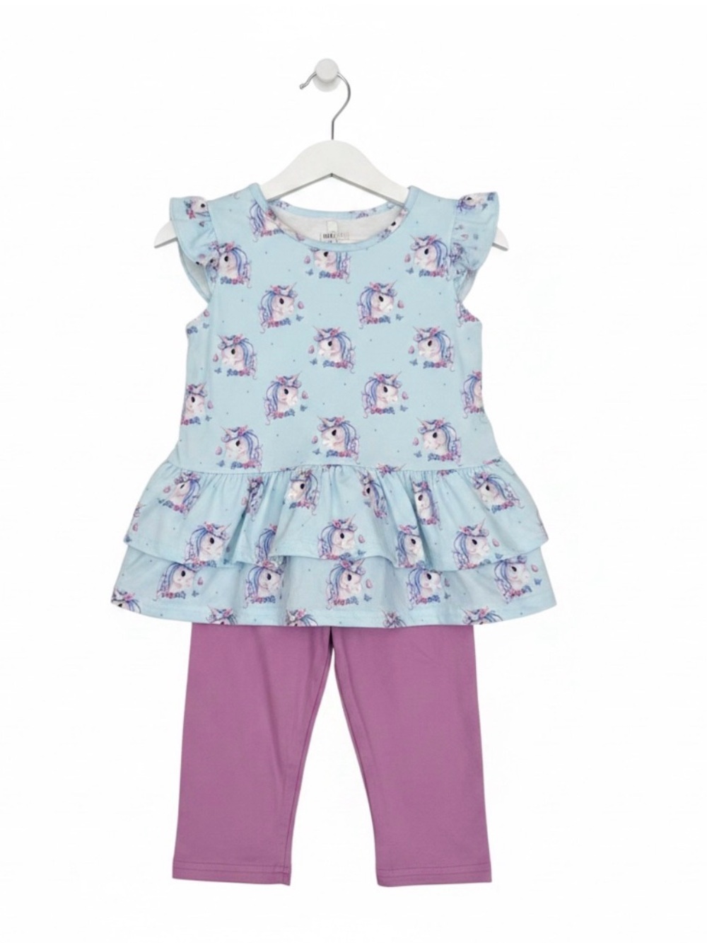 Unicorn Ruffle Tunic & Purple Leggings Set - Light Blue & Lavender
